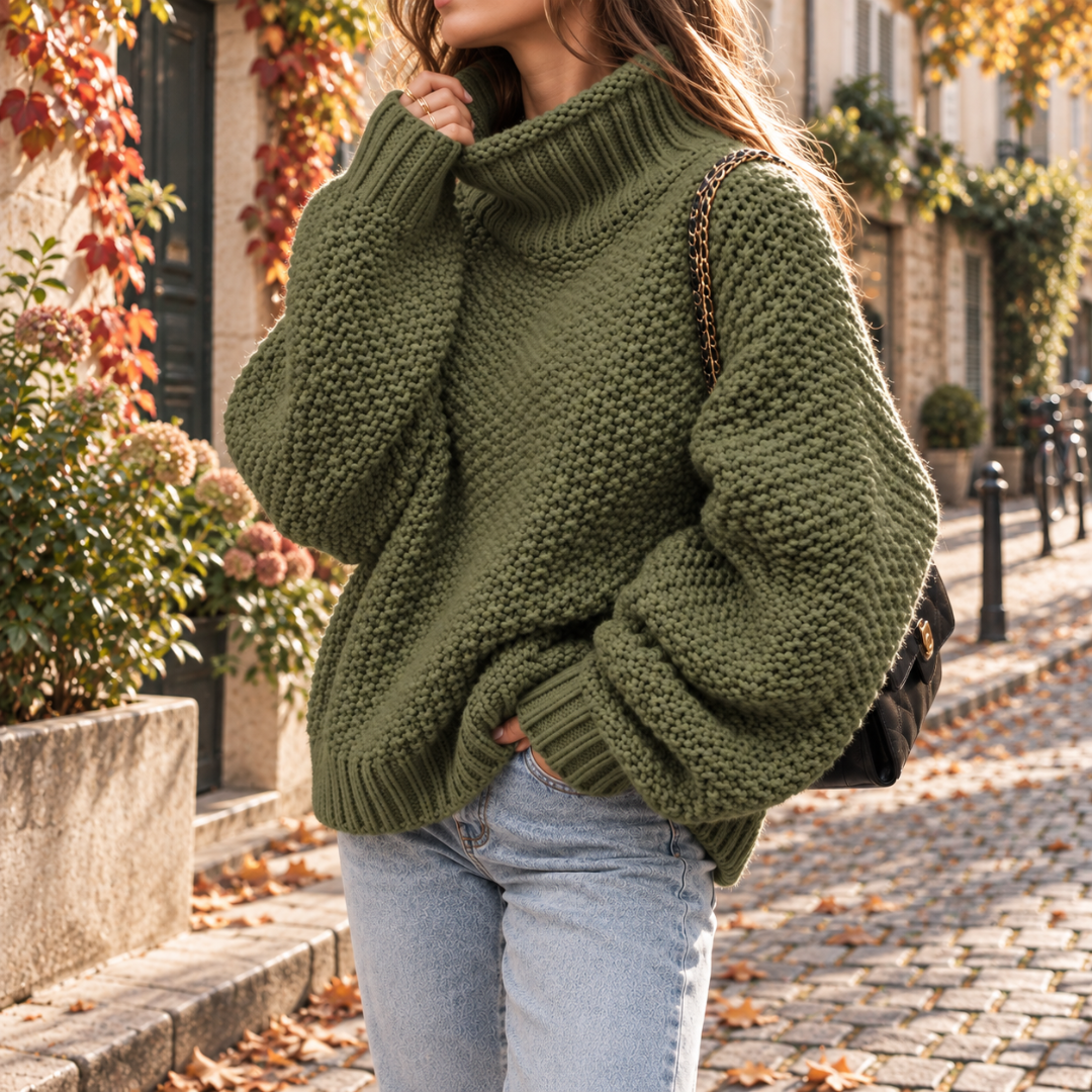 Maglione verde militare a collo alto con polsini e bordo a coste