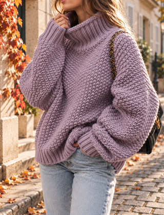 Maglione viola lilla a collo alto con polsini e bordo a coste
