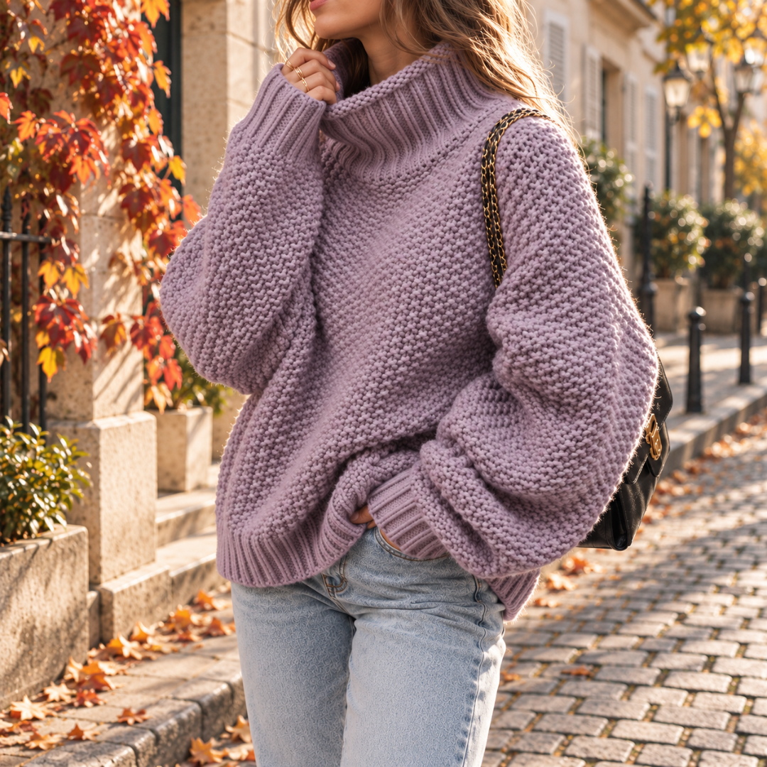 Maglione viola lilla a collo alto con polsini e bordo a coste