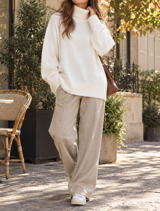 Maglione bianco a collo alto con pantaloni beige a gamba larga
