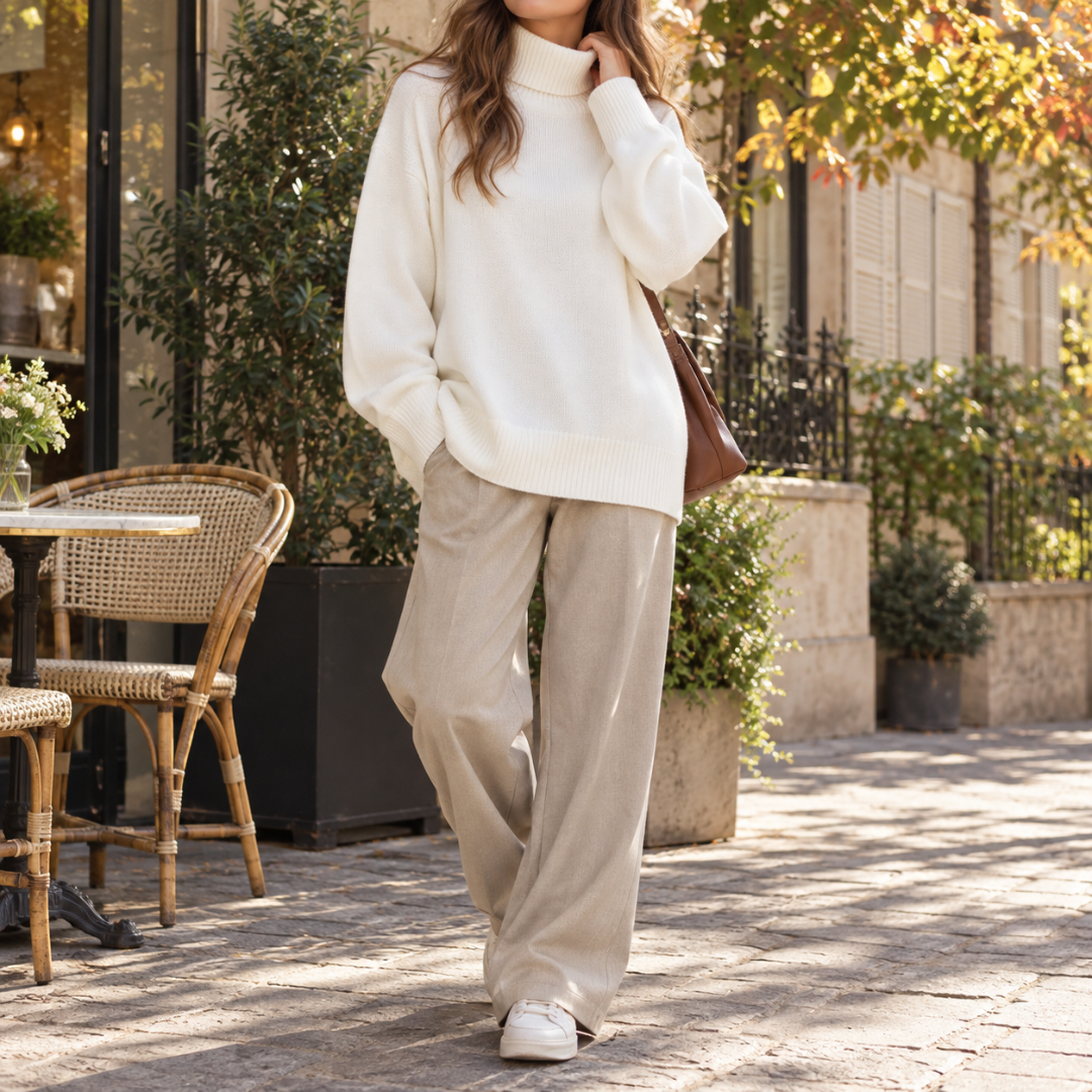 Maglione bianco a collo alto con pantaloni beige a gamba larga