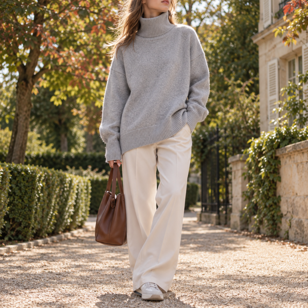 Maglione grigio a collo alto indossato con pantaloni crema a gamba larga