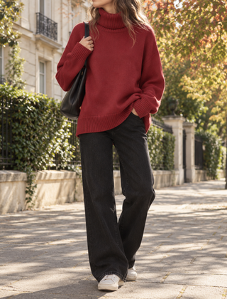 Maglione rosso a collo alto con pantaloni scuri ampi e borsa nera
