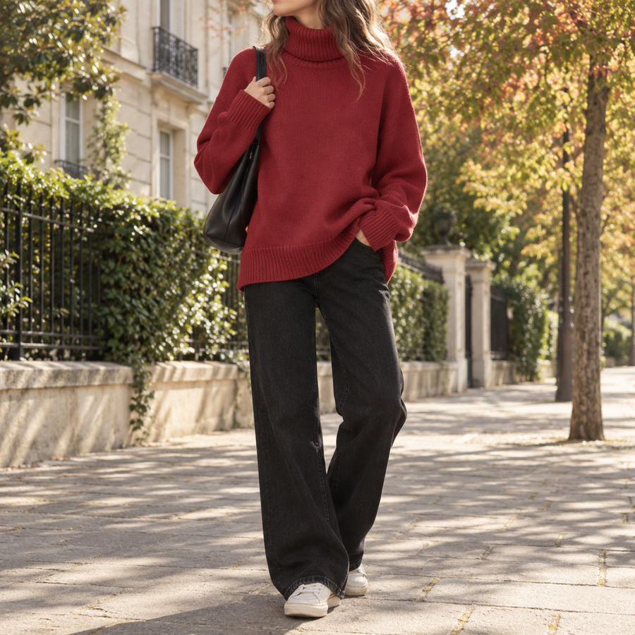 Maglione rosso a collo alto con pantaloni scuri ampi e borsa nera