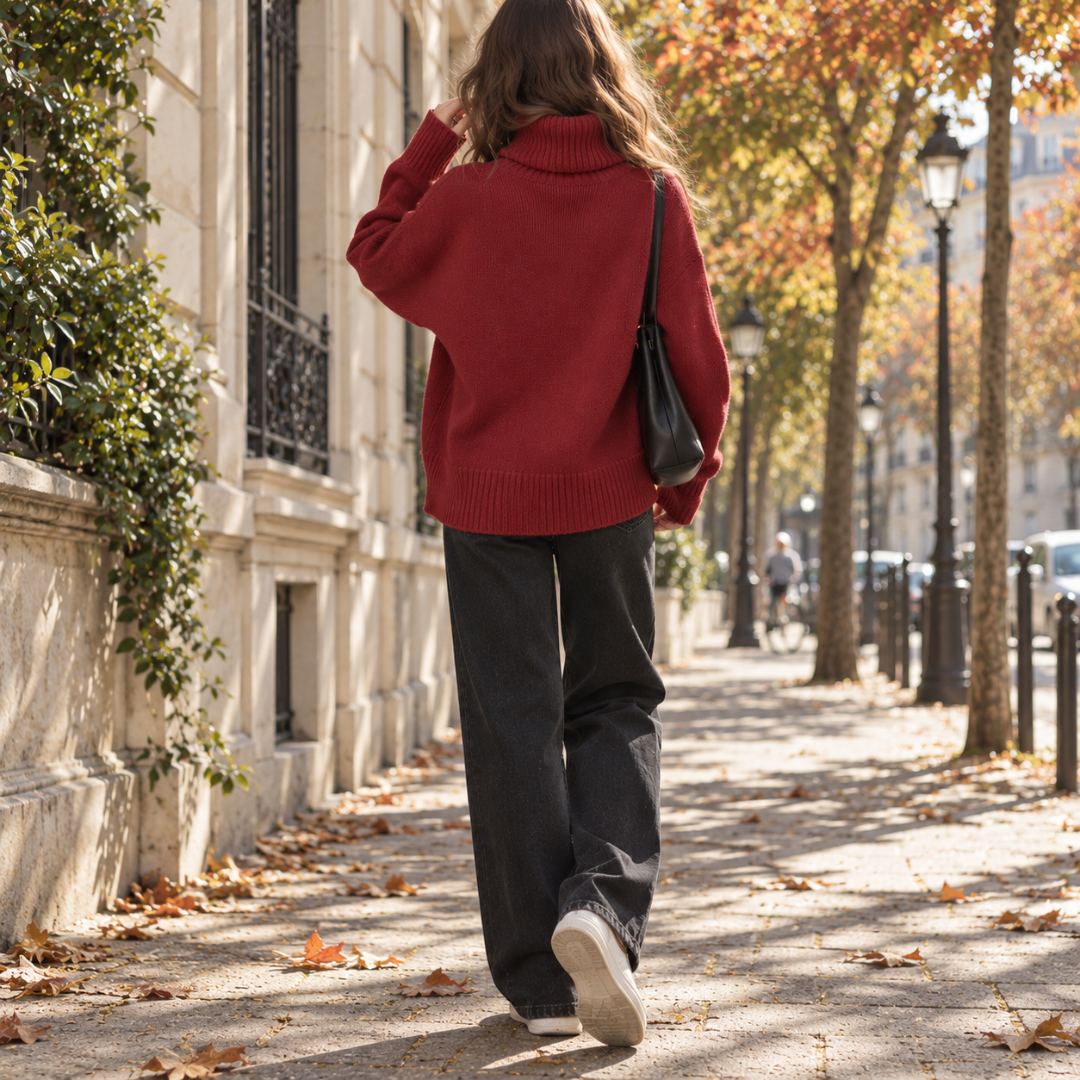 Vista posteriore del maglione rosso con orlo a coste e collo alto