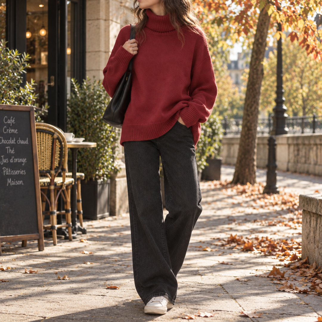 Maglione rosso a collo alto abbinato a pantaloni neri e sneakers bianche