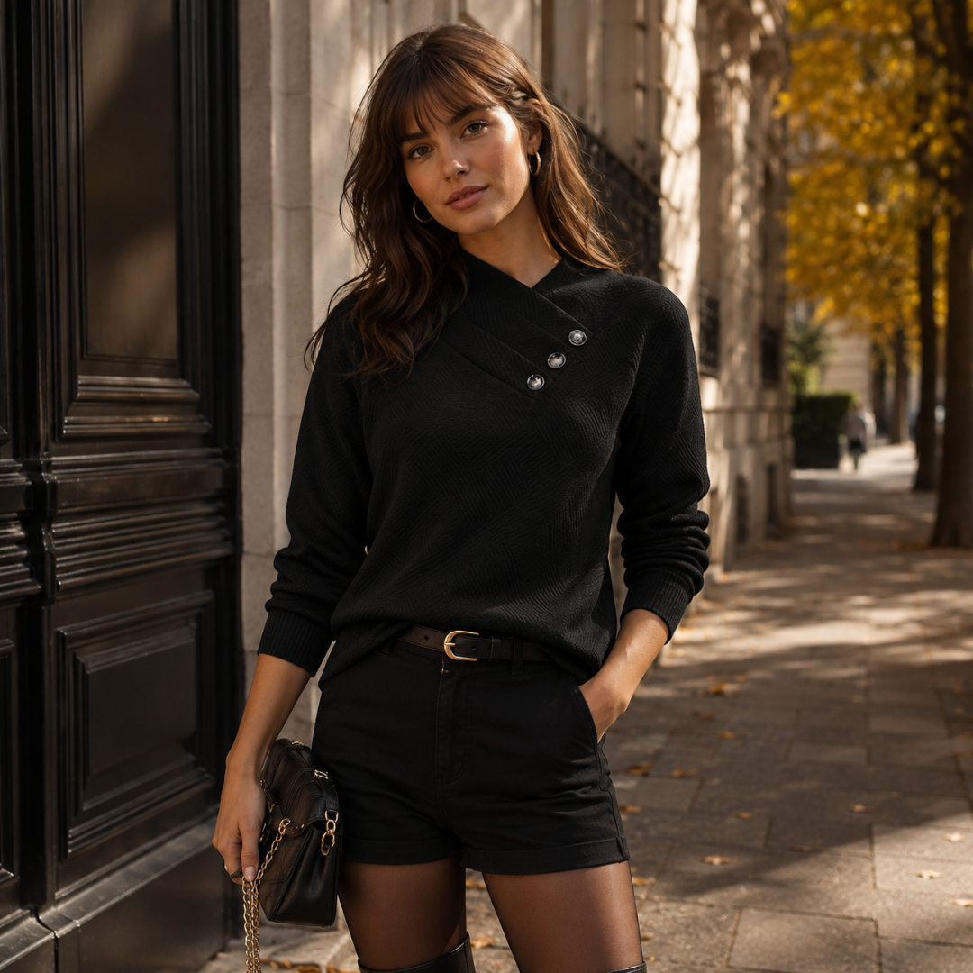 Maglione donna nero con collo incrociato, tre bottoni e polsini a coste