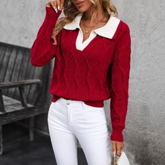 Maglione donna rosso in maglia a rombi con collo polo bianco a contrasto