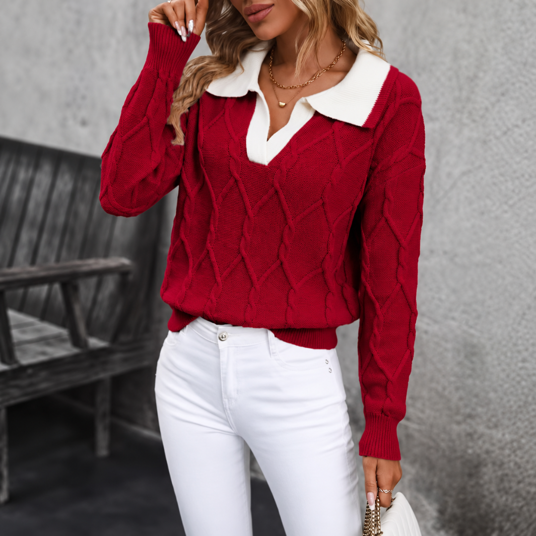 Maglione donna rosso in maglia a rombi con collo polo bianco a contrasto