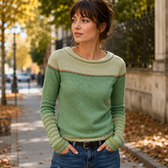 Maglione donna verde a blocchi con riga di contrasto e maniche rigate