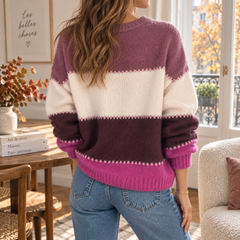 Retro del maglione donna rosa a righe color block con fondo a costine