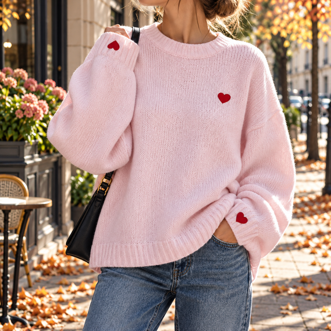 Maglione donna rosa con cuore ricamato sul petto e polsini a coste
