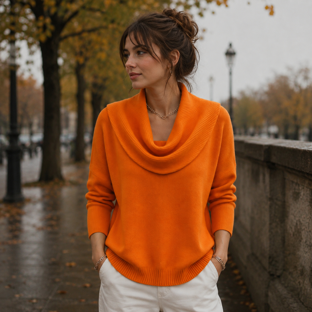Maglione donna arancione con collo drappeggiato a coste e orlo arrotondato