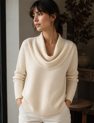 Maglione donna beige con ampio collo drappeggiato e orlo a coste