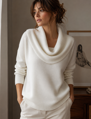 Maglione donna bianco con collo drappeggiato a coste e maniche lunghe