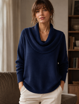 Maglione donna blu navy con ampio collo drappeggiato a coste, vista frontale