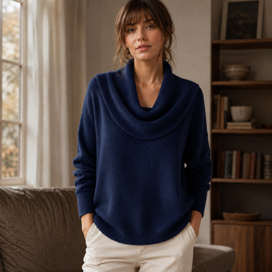 Maglione donna blu navy con ampio collo drappeggiato a coste, vista frontale