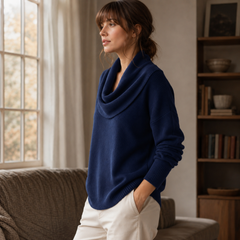 Maglione blu navy di tre quarti, collo drappeggiato e polsini a coste