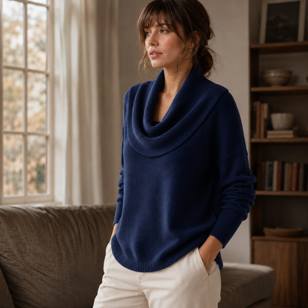 Maglione donna blu navy indossato con pantaloni chiari, ampio collo drappeggiato a coste