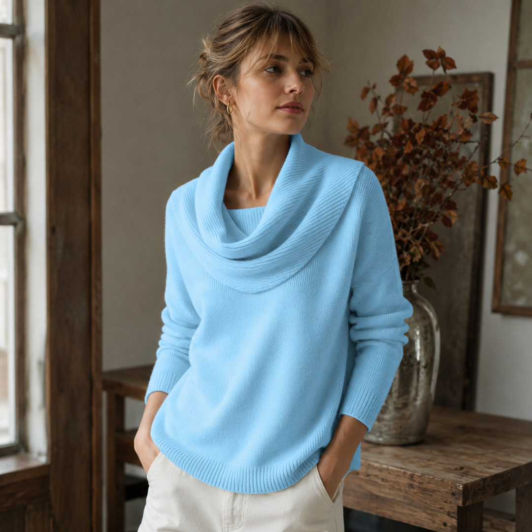 Maglione donna blu chiaro con ampio collo drappeggiato e polsini a coste
