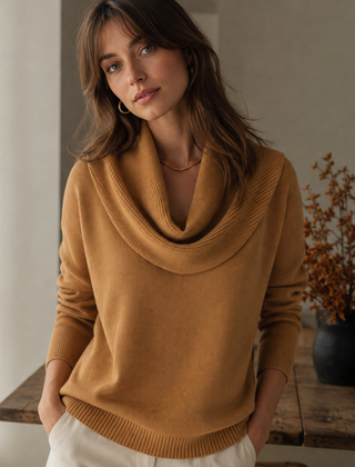 Maglione donna kaki con collo drappeggiato a coste, vista frontale