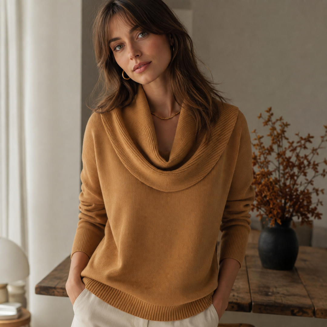 Maglione donna kaki con collo drappeggiato a coste, vista frontale