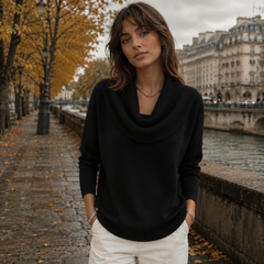 Maglione donna nero con ampio collo drappeggiato a coste e maniche lunghe