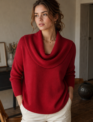 Maglione donna rosso con ampio collo drappeggiato e bordi a coste