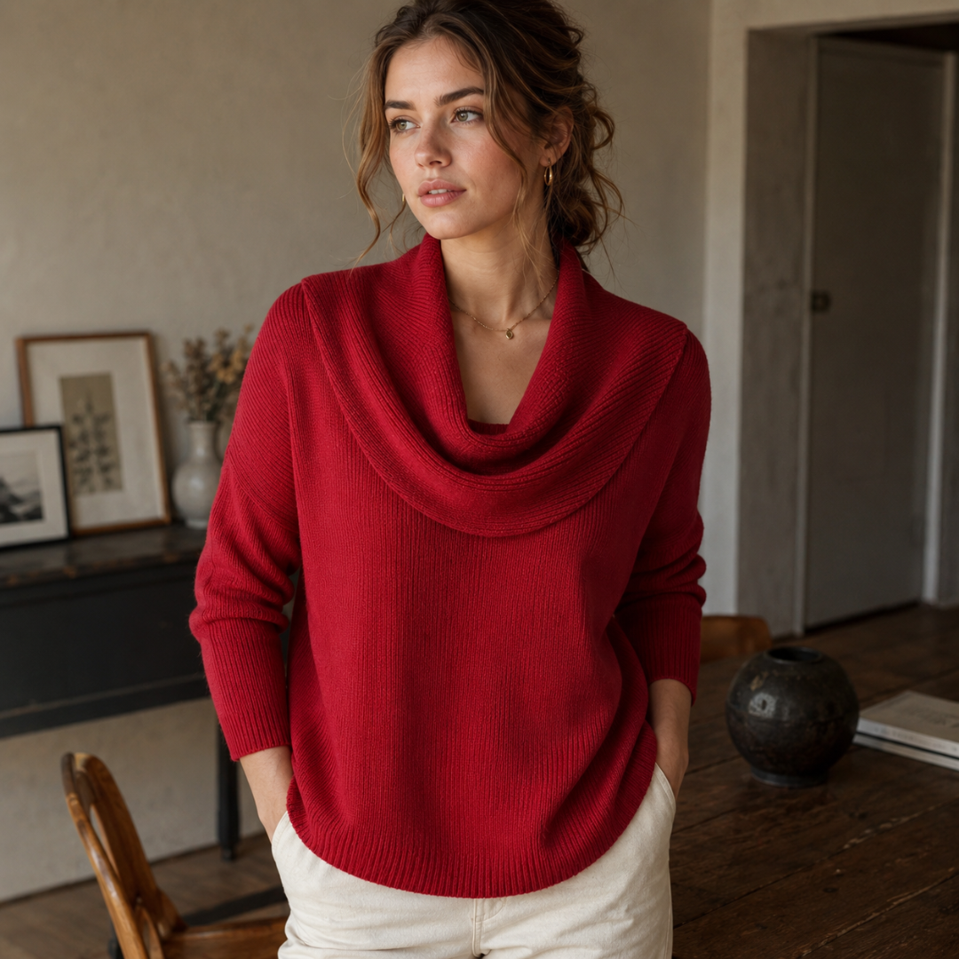 Maglione donna rosso con ampio collo drappeggiato e bordi a coste