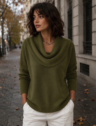 Maglione donna verde militare con collo drappeggiato e orlo inferiore a coste