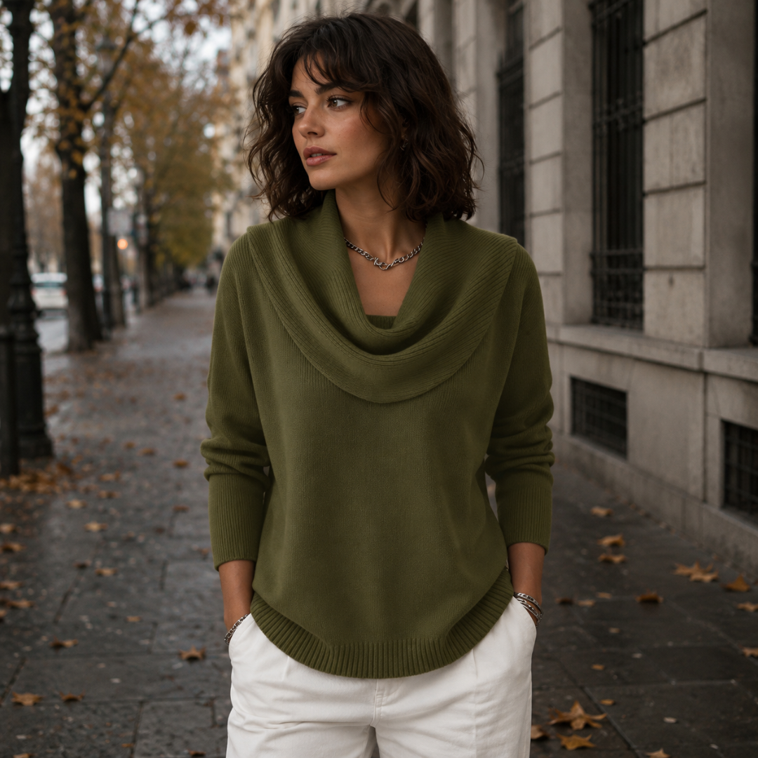 Maglione donna verde militare con collo drappeggiato e orlo inferiore a coste