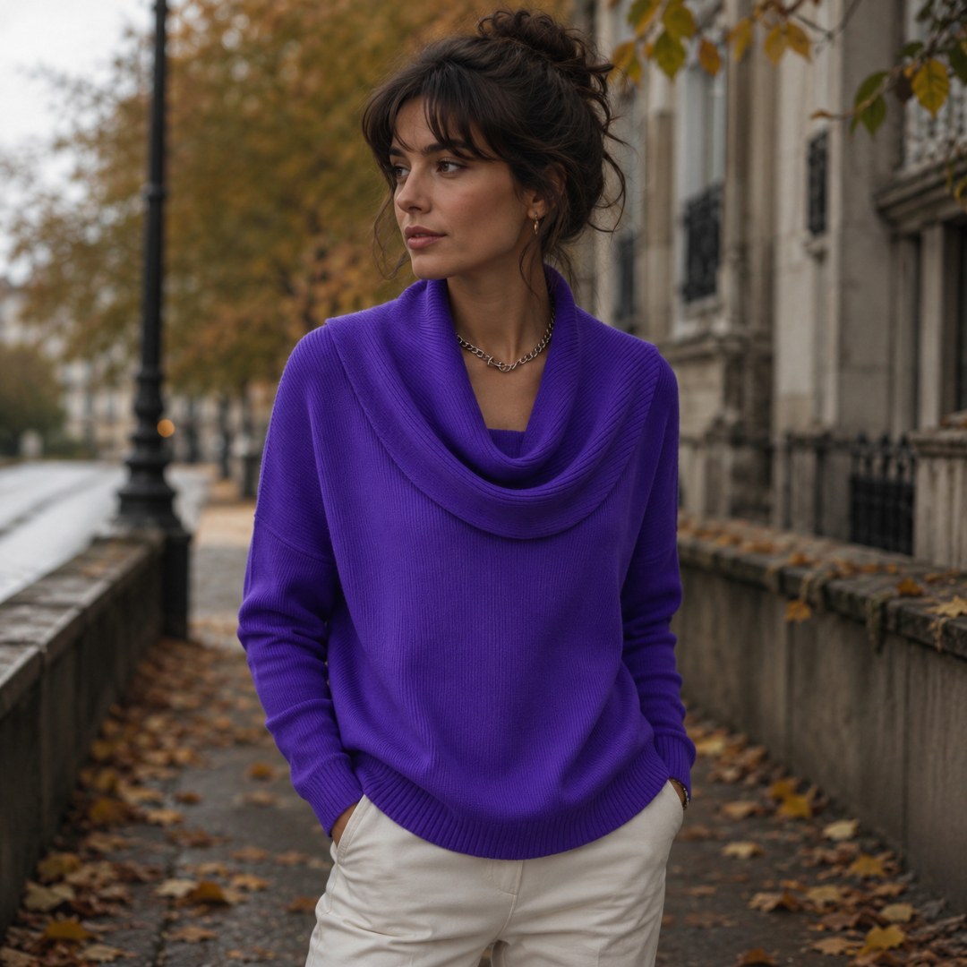 Maglione donna viola con collo drappeggiato a coste indossato all'aperto