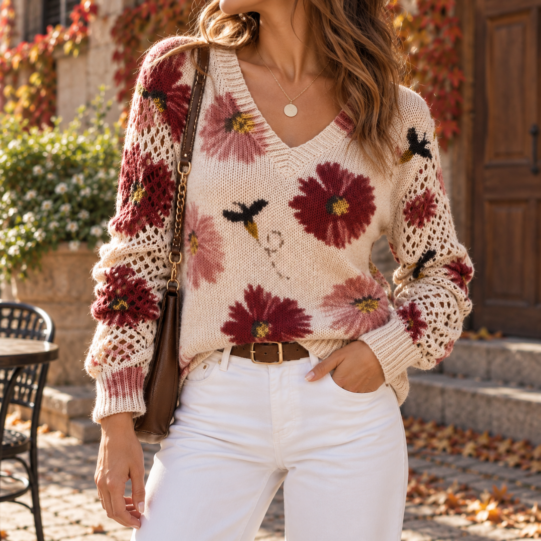 Maglione donna con fiori rossi lavorati a maglia e bordo inferiore a coste