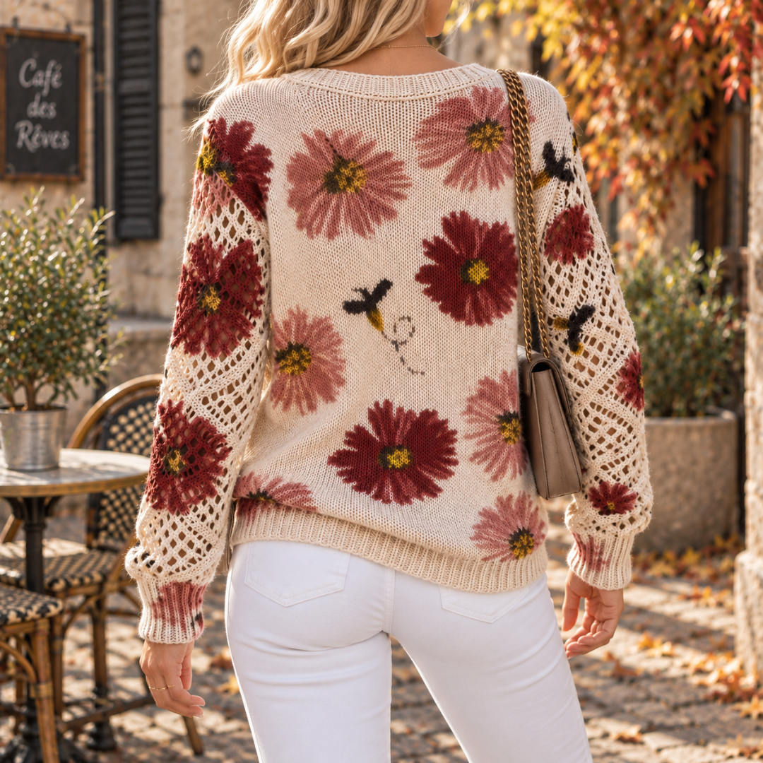 Retro del maglione donna a fiori rossi con bordo inferiore a coste