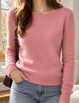 Maglione donna rosa a girocollo con bordo a coste sul collo