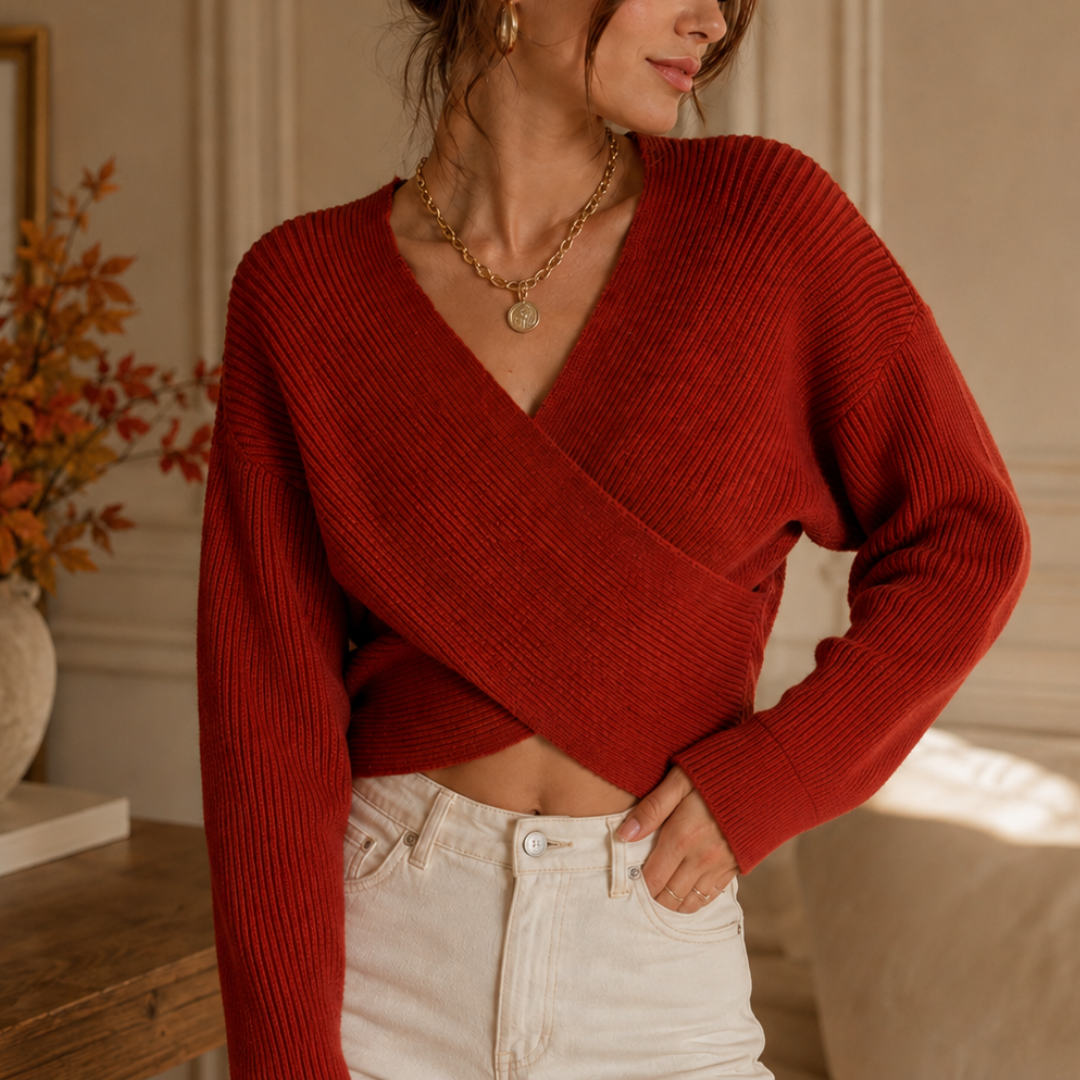 Maglione donna rosso incrociato con scollo a V e polsini a coste