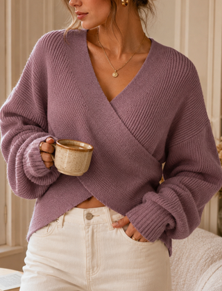 Maglione donna viola a coste con davanti incrociato e orlo asimmetrico