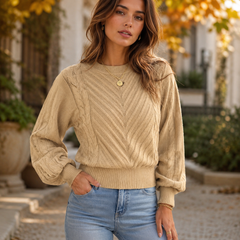 Maglione donna beige in maglia intrecciata con girocollo e maniche lunghe ampie