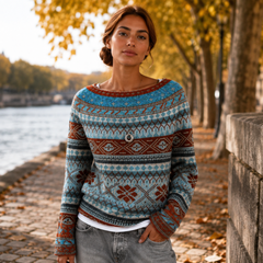 Maglione donna blu con fantasia jacquard e dettagli color mattone, vista frontale