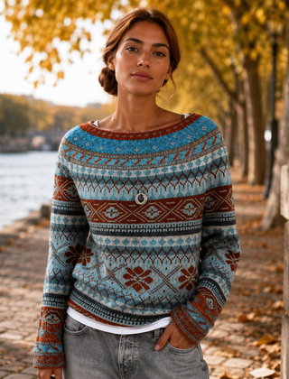 Maglione donna blu con fantasia jacquard e dettagli color mattone, vista frontale