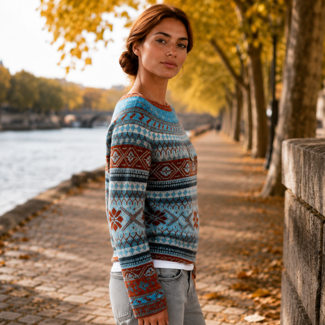 Vista laterale del maglione donna blu con bande geometriche e polsini a contrasto