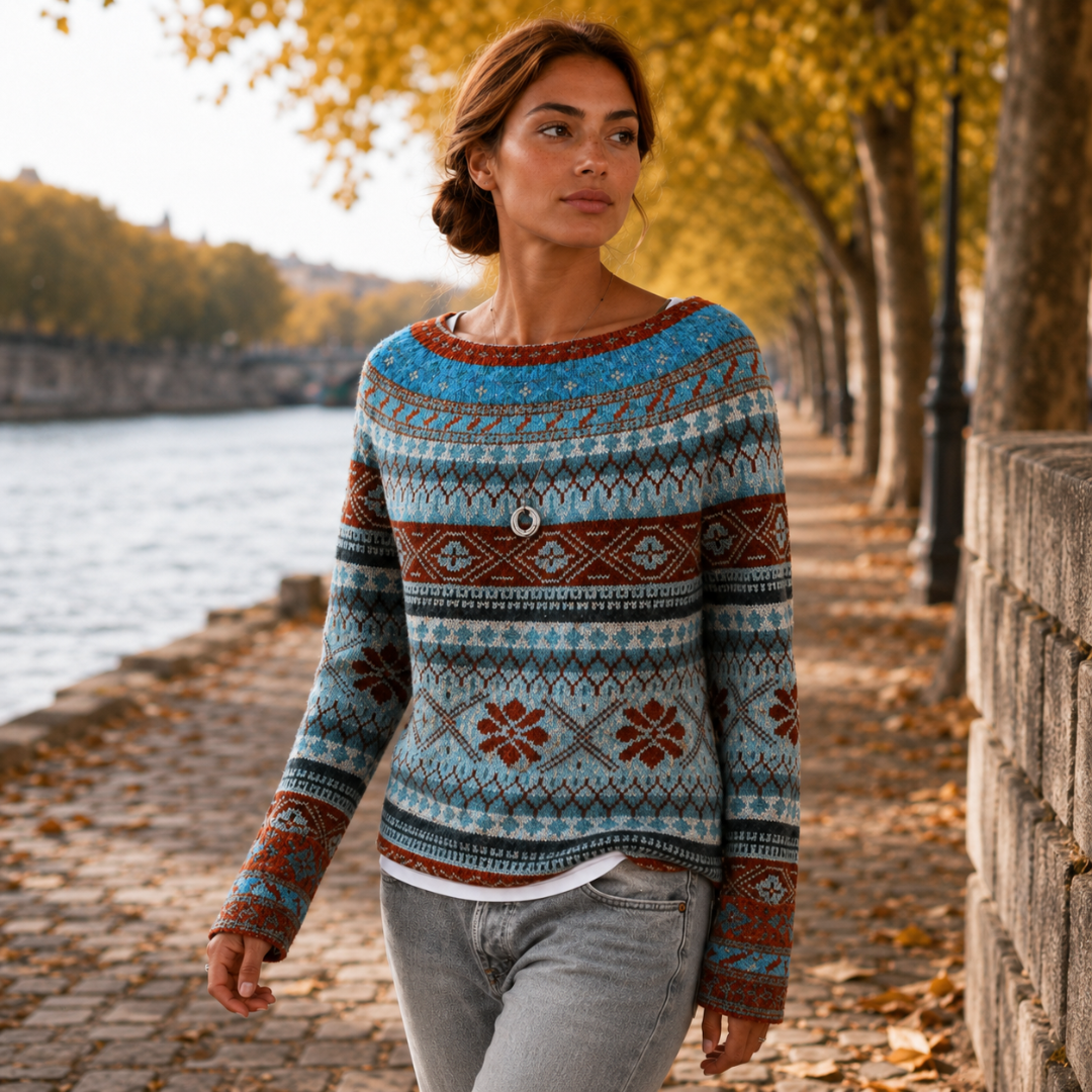 Maglione donna blu jacquard con scollo a barchetta e maniche lunghe fantasia