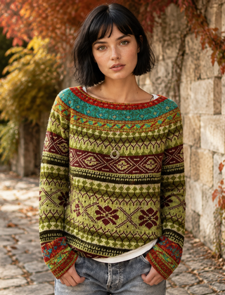 Maglione donna giallo verde con fantasia jacquard e scollo a barchetta, vista frontale