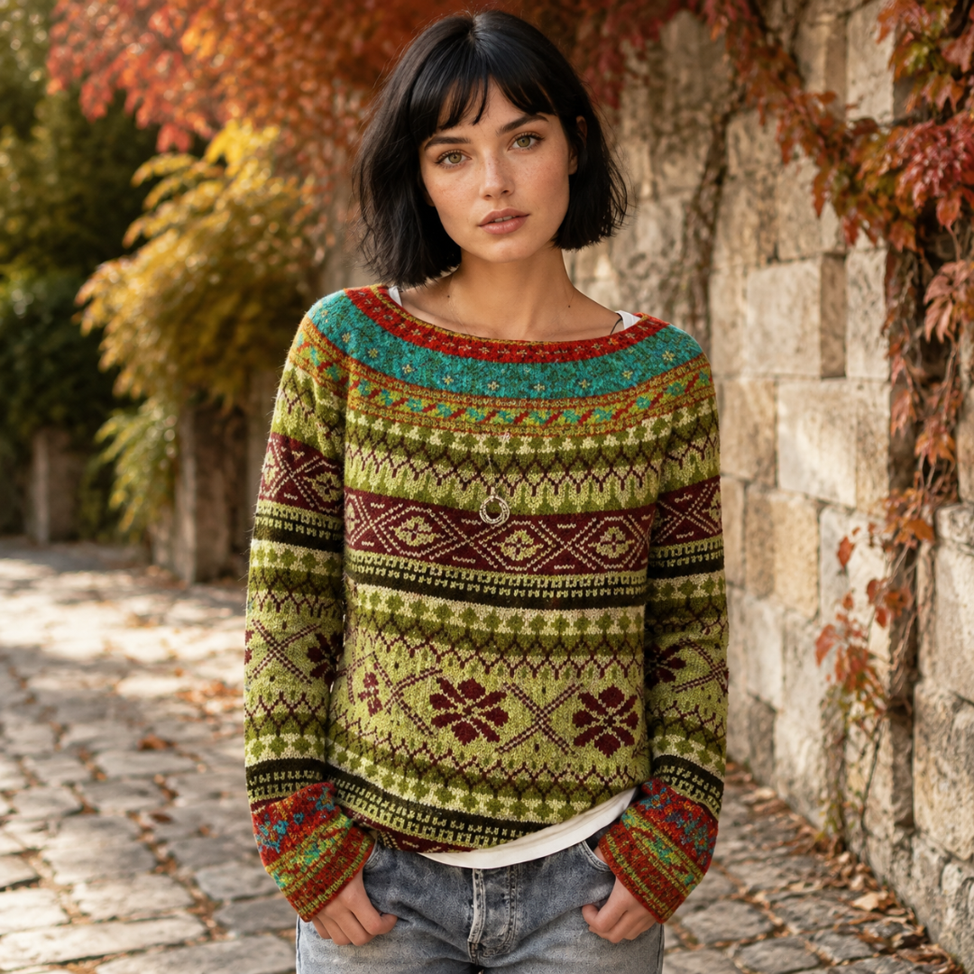 Maglione donna giallo verde con fantasia jacquard e scollo a barchetta, vista frontale