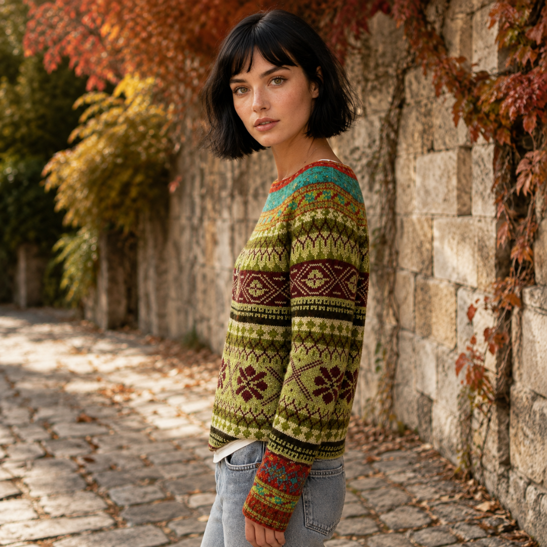 Vista laterale del maglione donna giallo verde con bande geometriche e maniche lunghe