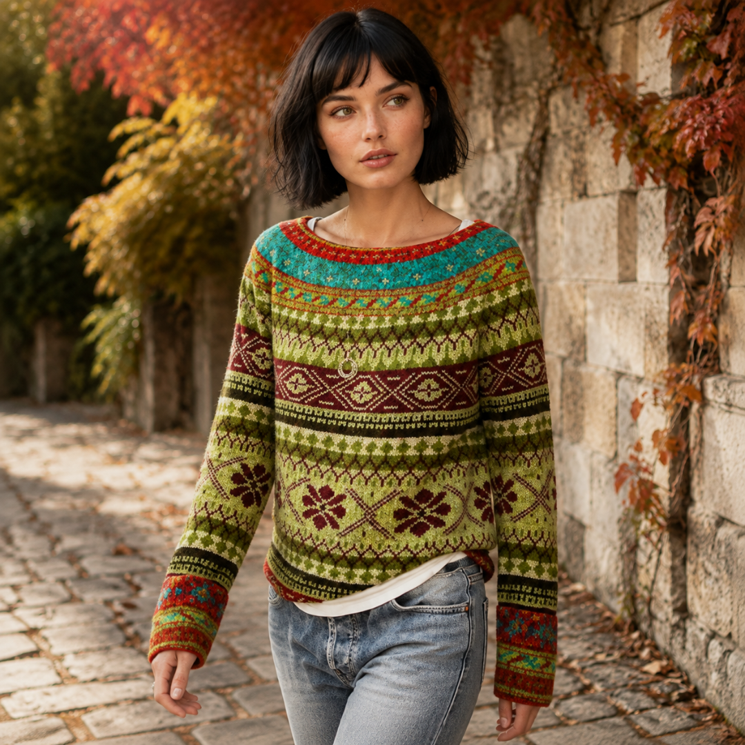 Maglione donna giallo con motivi a fiocco bordeaux e bordi a contrasto sui polsini