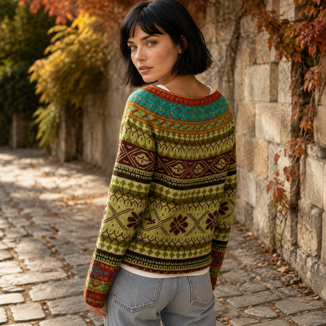 Retro del maglione donna giallo verde con carré turchese e fantasia jacquard multicolore