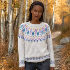 Maglione donna bianco con carré jacquard geometrico multicolore e girocollo a costine