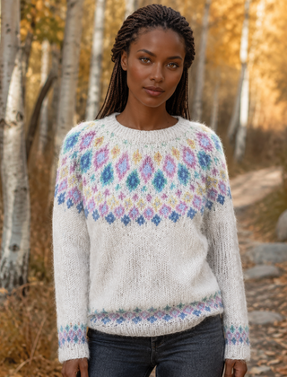 Maglione donna bianco con carré jacquard geometrico multicolore e girocollo a costine