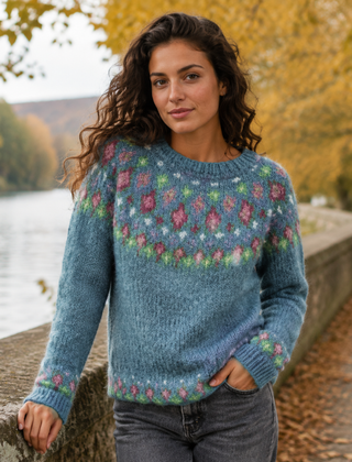 Maglione blu donna con carré geometrico rosa e bordi a costine decorati